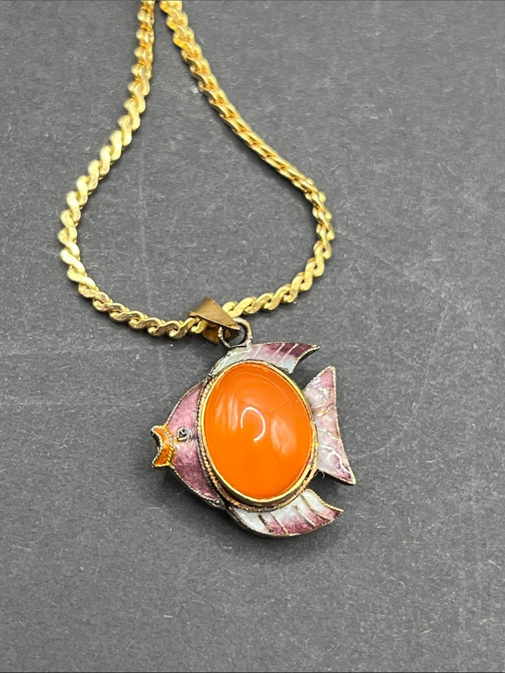 Sterling Silver fish charm pendant purple pink enamel orange cabochon stone